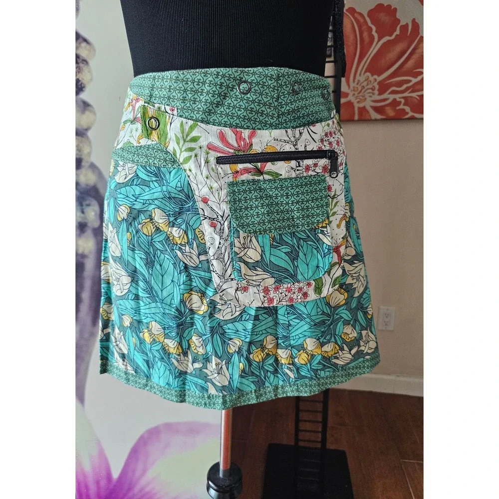 ASHA Floral Reversible Full Wrap Skirt‎ Pockets Teal Green Cotton Patchwork OSFM